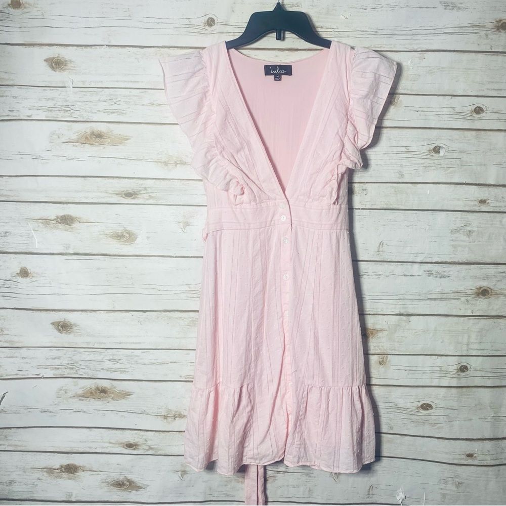 Lulu's Women's V Neck Button Down Tie Waist‎ Light Pink Ruffle Mini Dress Size M